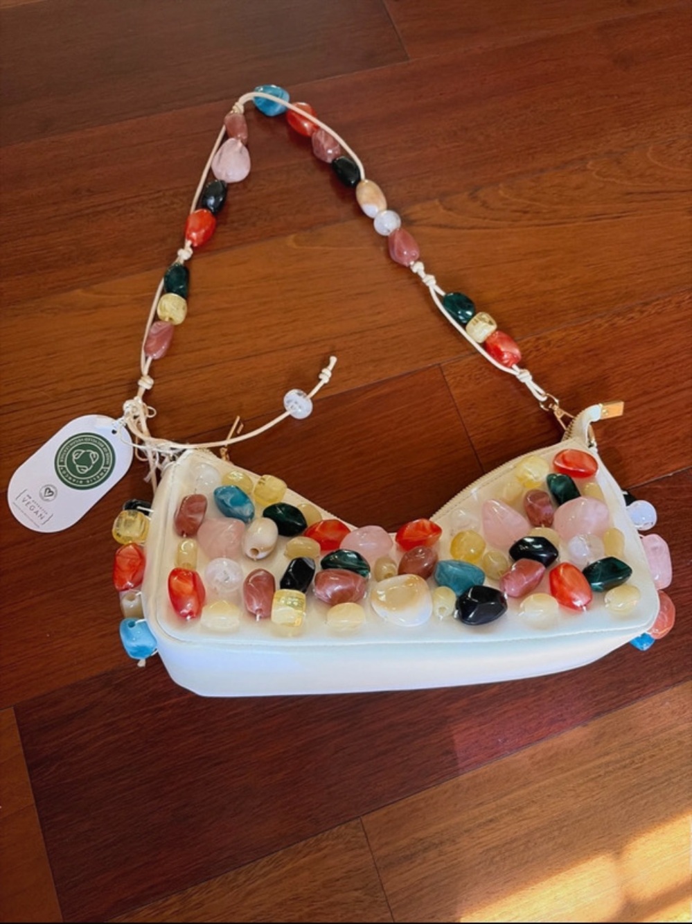 Melie Bianco White Shoulder Bag with Multicolor Bead Embellishments